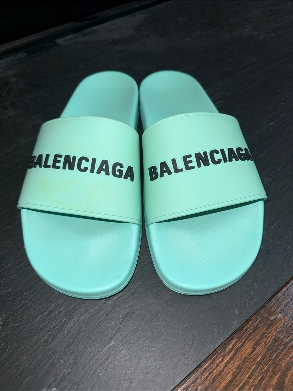 Balenciaga Mint Green Logo Slide Sandals